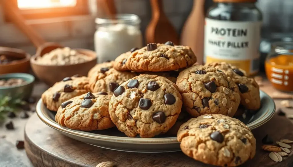 Close-up of freshly baked protein cookies with chocolate chips on a cooling rack, perfect for a healthy and high-protein snack.