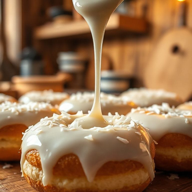 Coconut glaze being poured over donuts