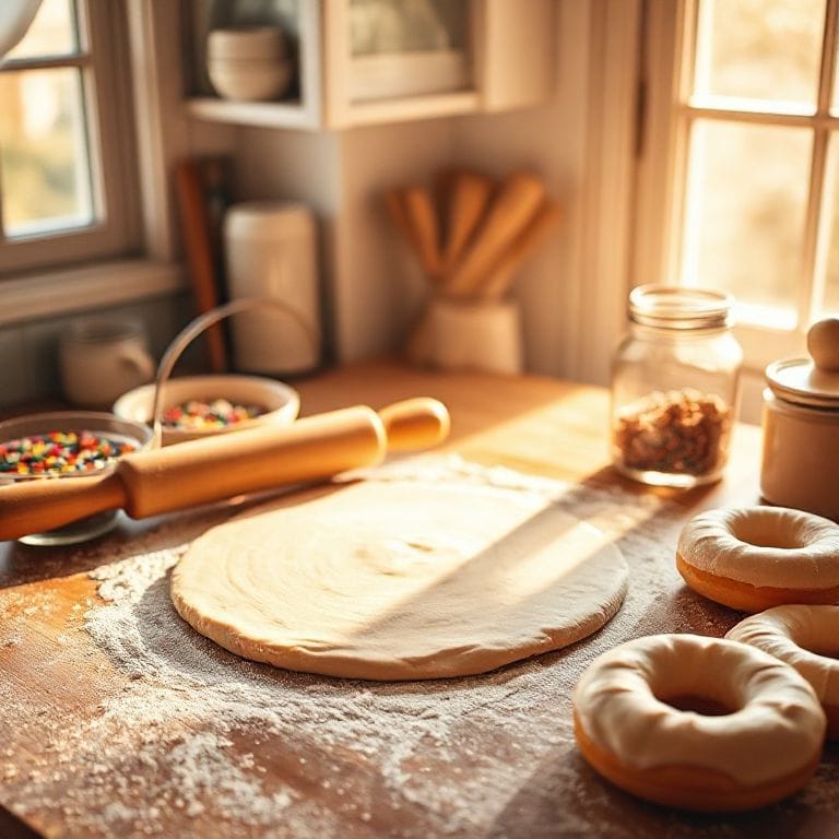 Homemade donut dough being rolled out