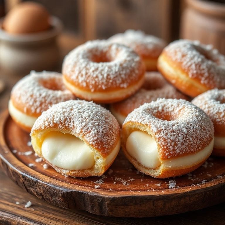 Coconut cream filled donuts on a plate