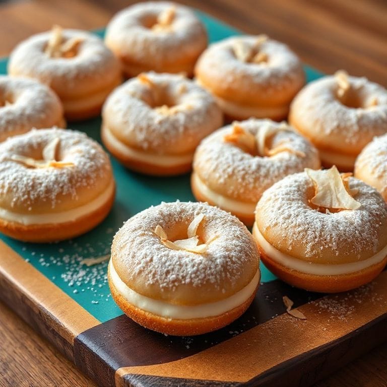 Finished coconut cream filled donuts on a serving platter