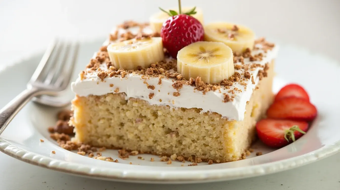 Delicious Banana Split Cake with Layers of Fruit and Cream