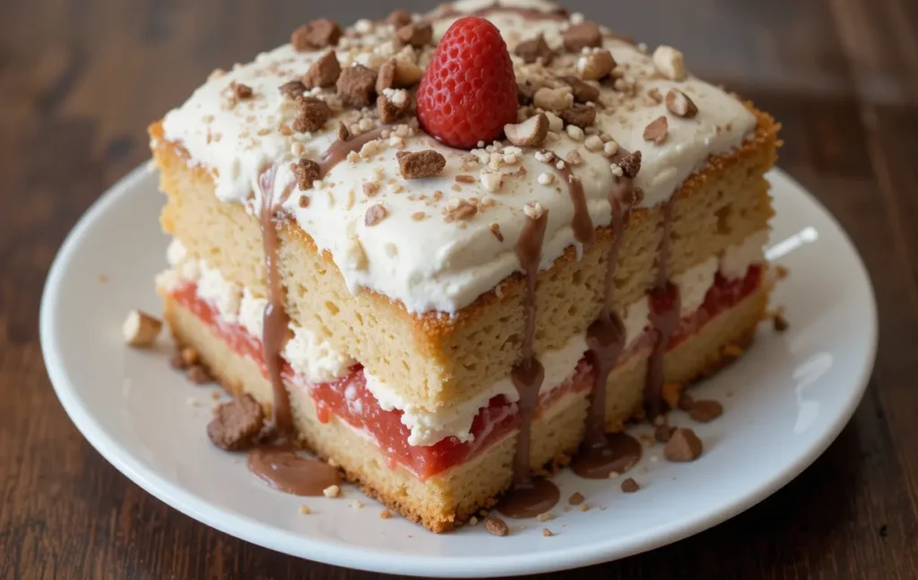 Delicious Banana Split Cake with Layers of Fruit and Cream