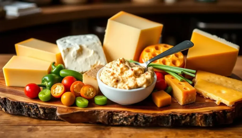 Close-up of a creamy old-fashioned pimento cheese spread in a bowl, surrounded by crackers and fresh vegetables for dipping