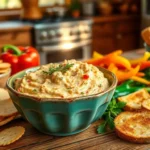 Close-up of a creamy old-fashioned pimento cheese spread in a bowl, surrounded by crackers and fresh vegetables for dipping