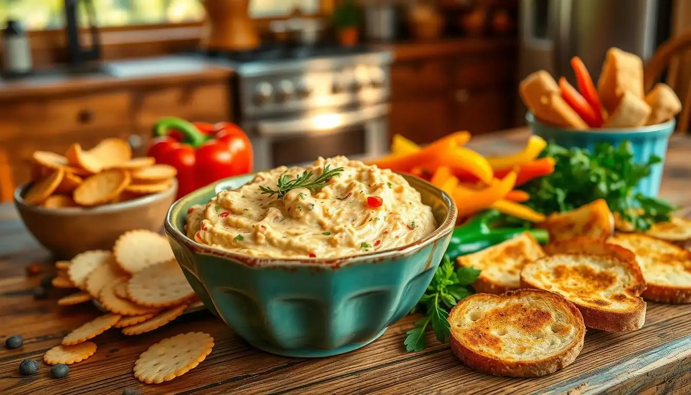 Close-up of a creamy old-fashioned pimento cheese spread in a bowl, surrounded by crackers and fresh vegetables for dipping