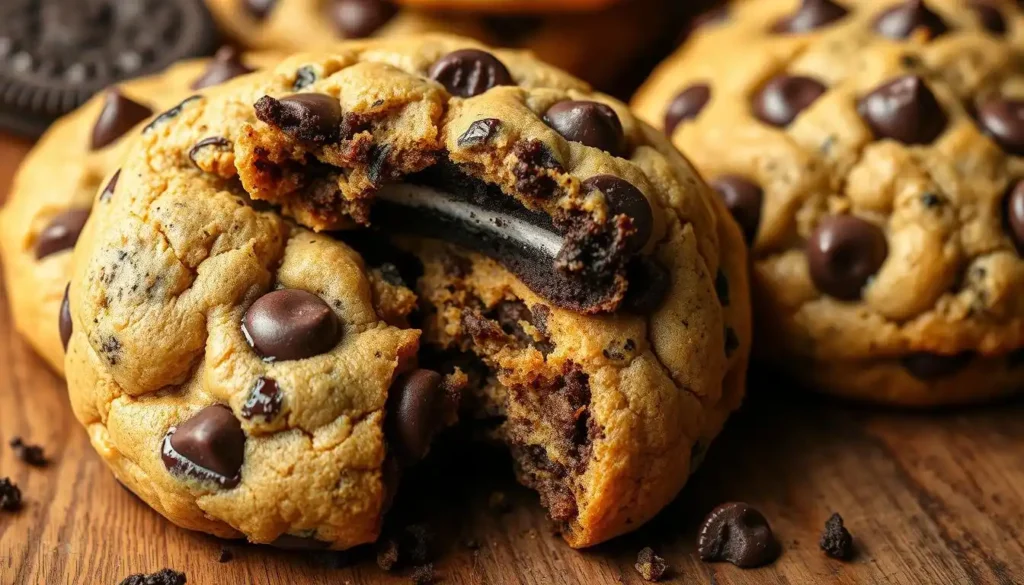 Close-up of a freshly baked cookie split open to reveal a whole Oreo nestled inside, surrounded by golden-brown cookie dough with chocolate chips scattered throughout