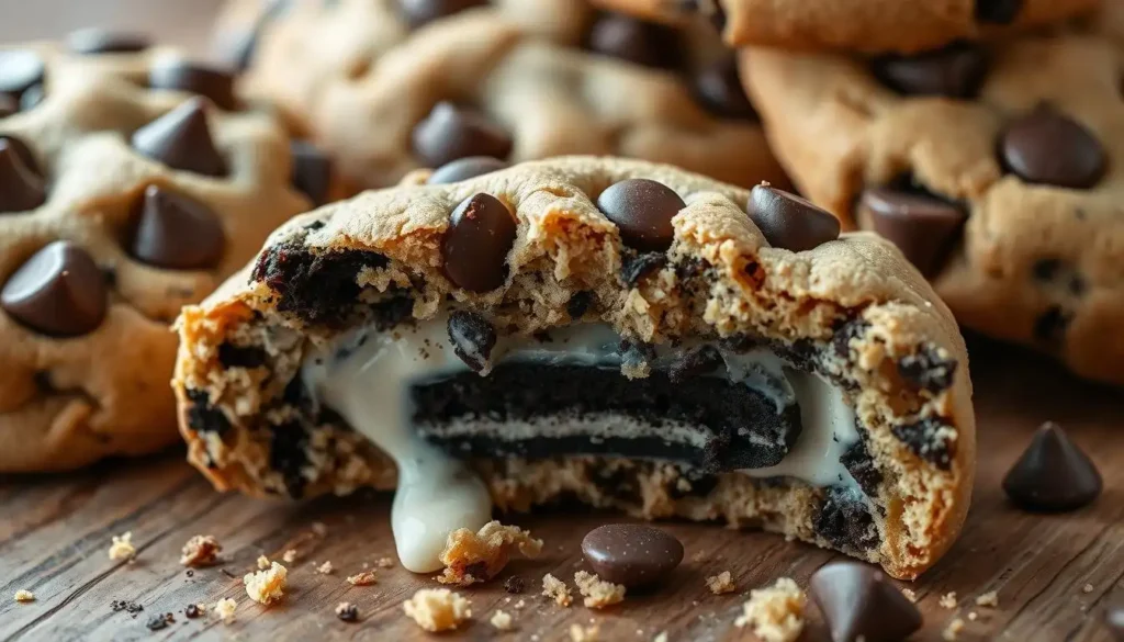 Close-up of a freshly baked cookie split open to reveal a whole Oreo nestled inside, surrounded by golden-brown cookie dough with chocolate chips scattered throughout