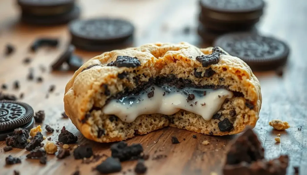 Close-up of a freshly baked cookie split open to reveal a whole Oreo nestled inside, surrounded by golden-brown cookie dough with chocolate chips scattered throughout