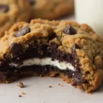 Close-up of a freshly baked cookie split open to reveal a whole Oreo nestled inside, surrounded by golden-brown cookie dough with chocolate chips scattered throughout