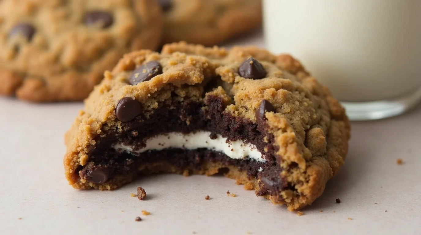 Close-up of a freshly baked cookie split open to reveal a whole Oreo nestled inside, surrounded by golden-brown cookie dough with chocolate chips scattered throughout