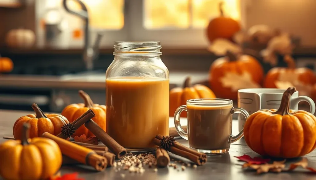 Homemade Pumpkin Spice Creamer in a Glass Jar with Fall Spices