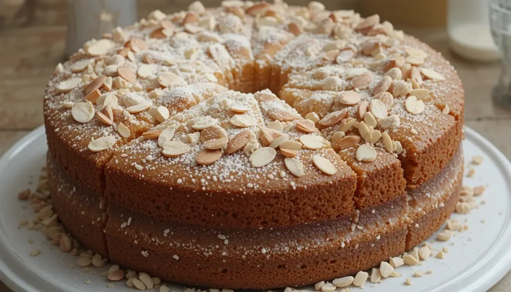 Moist Almond Flour Cake Garnished with Sliced Almonds and Powdered Sugar