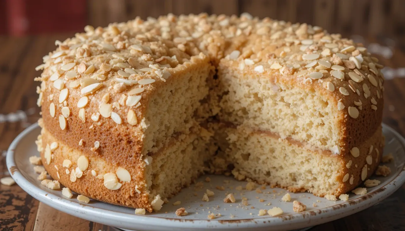 Soft Almond Flour Cake with Sliced Almond Topping and a Slice Removed