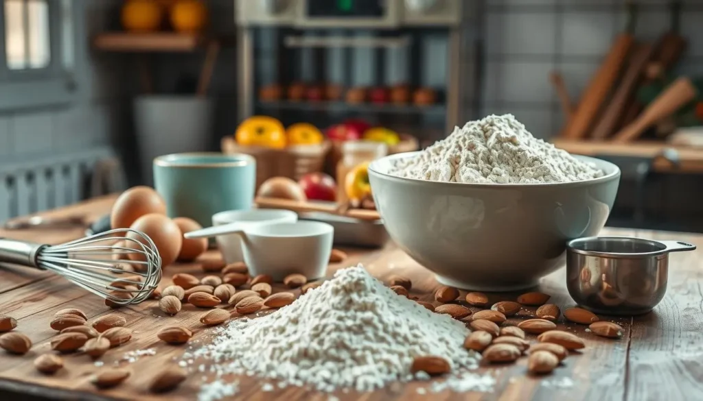 Almond Flour and Ingredients for Baking on a Rustic Kitchen Counter