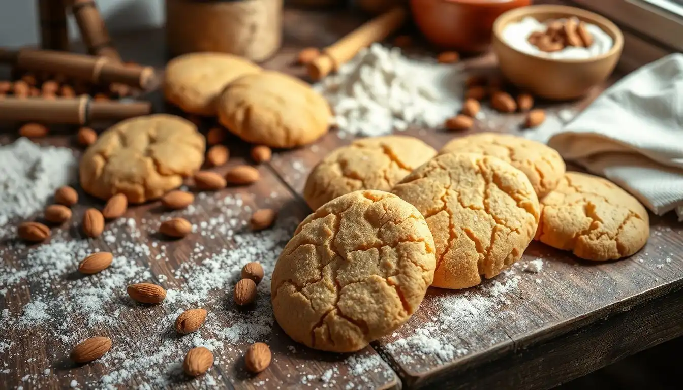 Freshly baked badam cookies on a rustic wooden table surrounded by almonds, flour, and baking tools