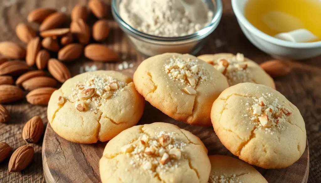 Golden badam cookies garnished with chopped almonds, placed on a wooden board with almonds, flour, and ghee in the background.