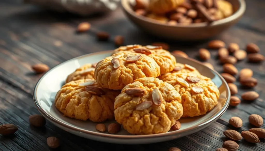 Golden badam cookies topped with almond slices, served on a white plate with scattered almonds in the background.