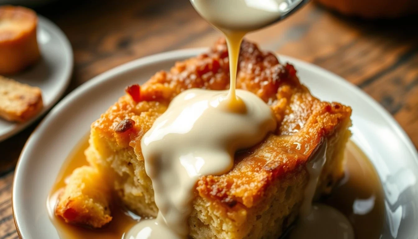 Homemade Bread Pudding Sauce Drizzled Over a Dessert