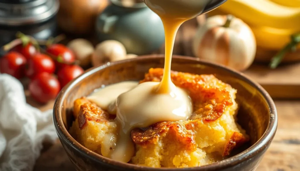 Rich Bread Pudding with Creamy Sauce Drizzle