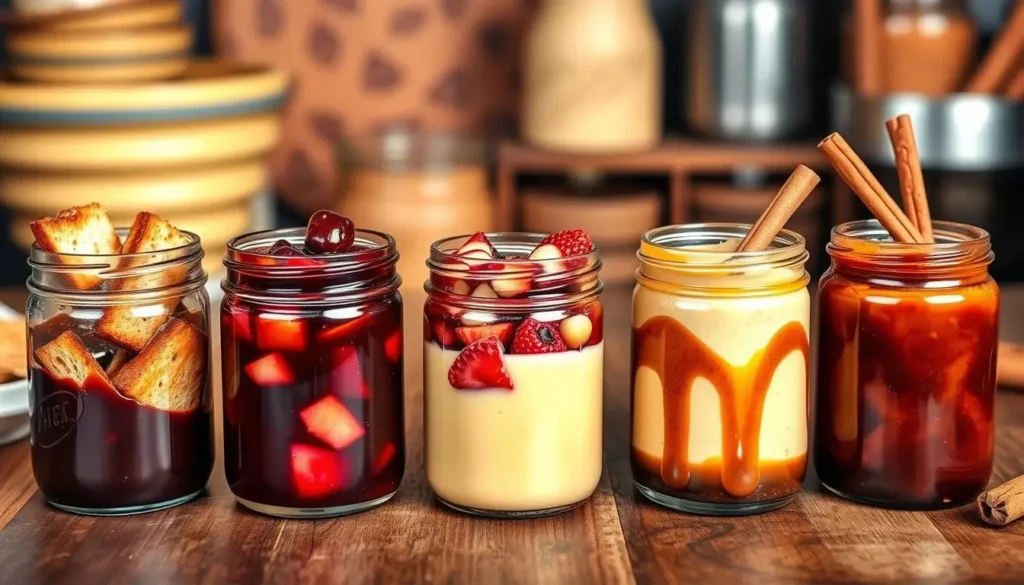 Five Variations of Bread Pudding Sauces in Glass Jars