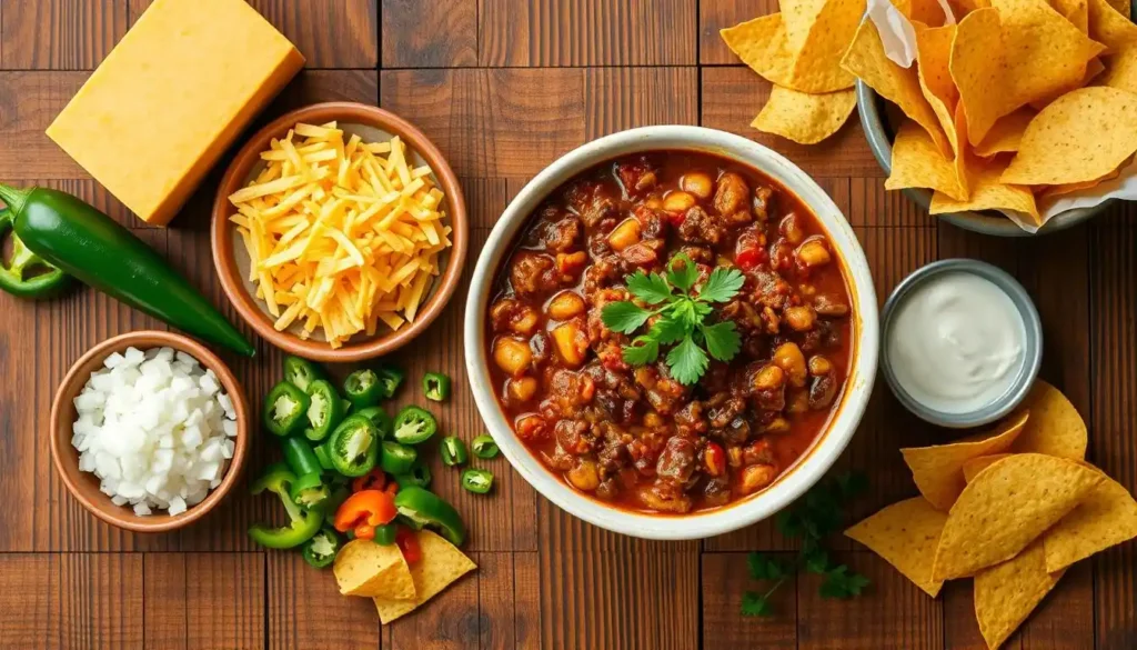 Ingredients and bowl of chili cheese dip with tortilla chips.