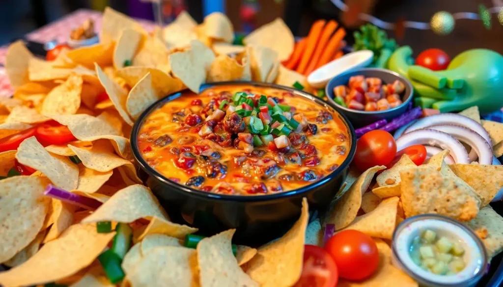 Festive chili cheese dip served with tortilla chips and fresh toppings.