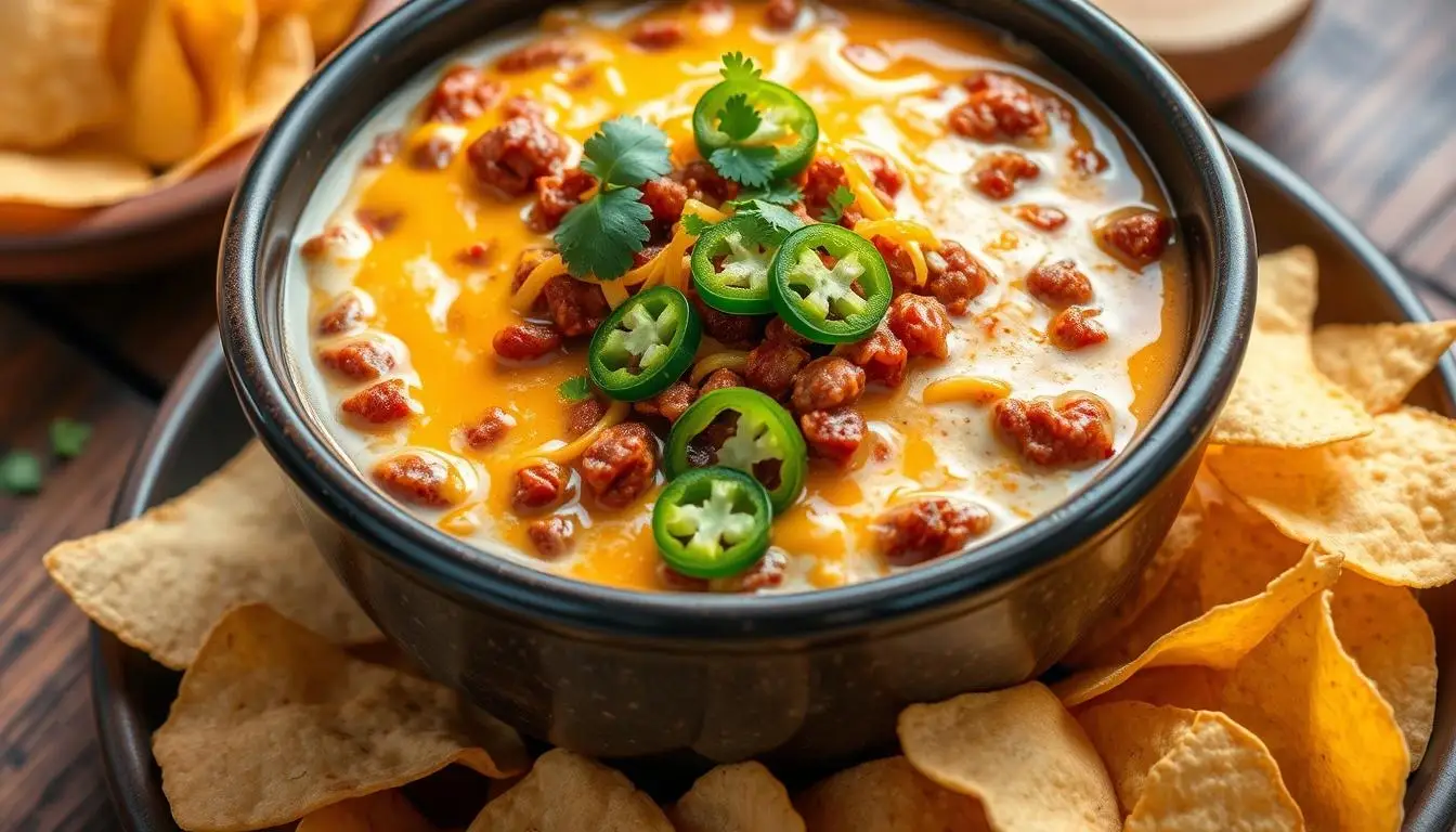 Close-up of a creamy and spicy chili cheese dip topped with melted cheese, served in a bowl with tortilla chips on the side.