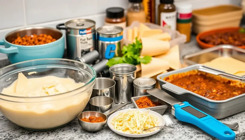 Preparation of ingredients for a chili cheese dip recipe.