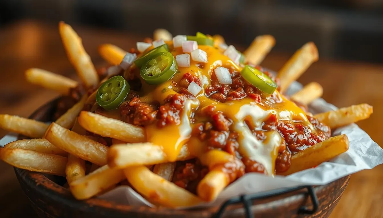 Loaded Chili Cheese Fries with Melted Cheddar, Jalapeños & Onions