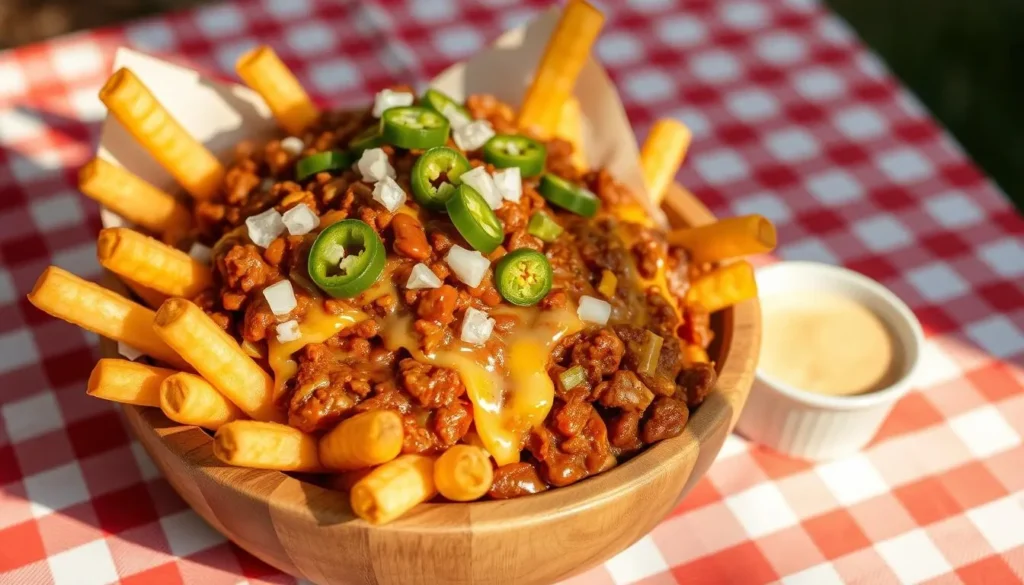 Ultimate Chili Cheese Fries Served in a Wooden Bowl with a Side of Dip