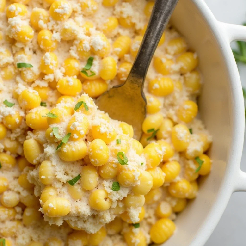 Close-Up of Creamy Corn and Cream Cheese Dish in a White Bowl