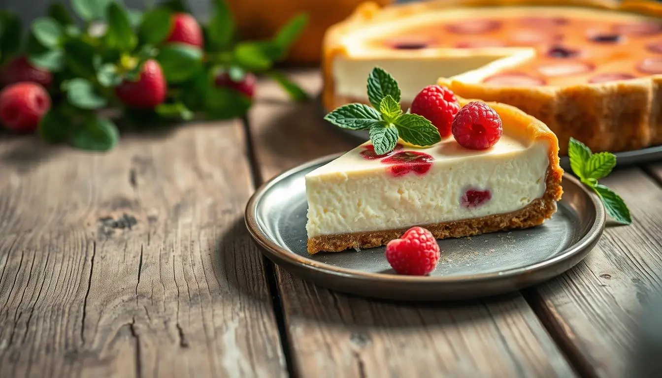 Slice of Cottage Cheese Cheesecake with Raspberries