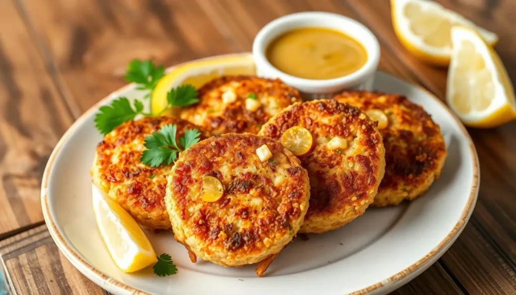 Crispy Old Bay Crab Cakes with Lemon and Sauce