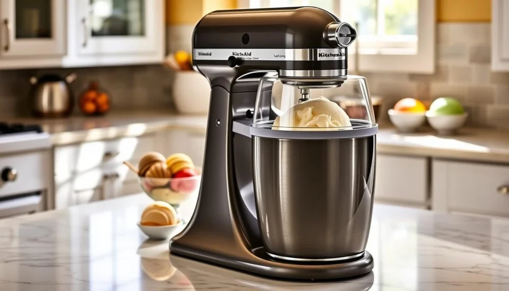 Kitchen Aid Stand Mixer with Ice Cream Maker Attachment in Action