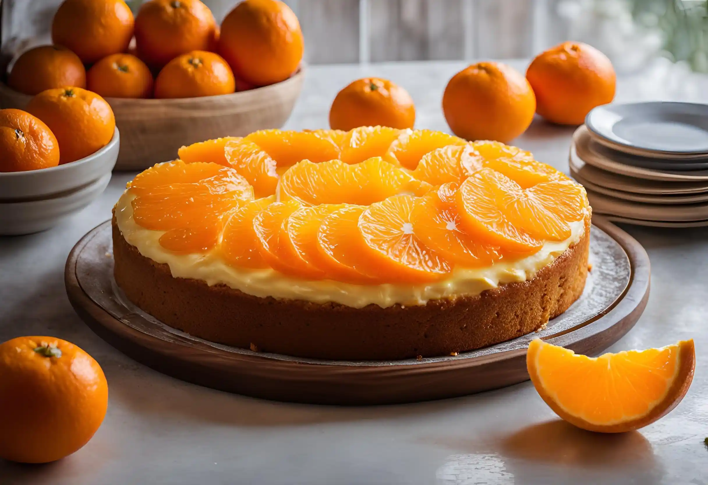 Mandarin Orange Cake Topped with Fresh Orange Slices