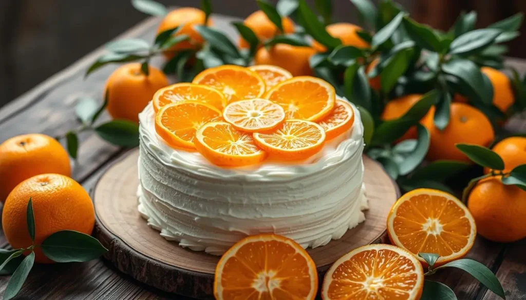 Layered Mandarin Orange Cake with Fresh Orange Garnish