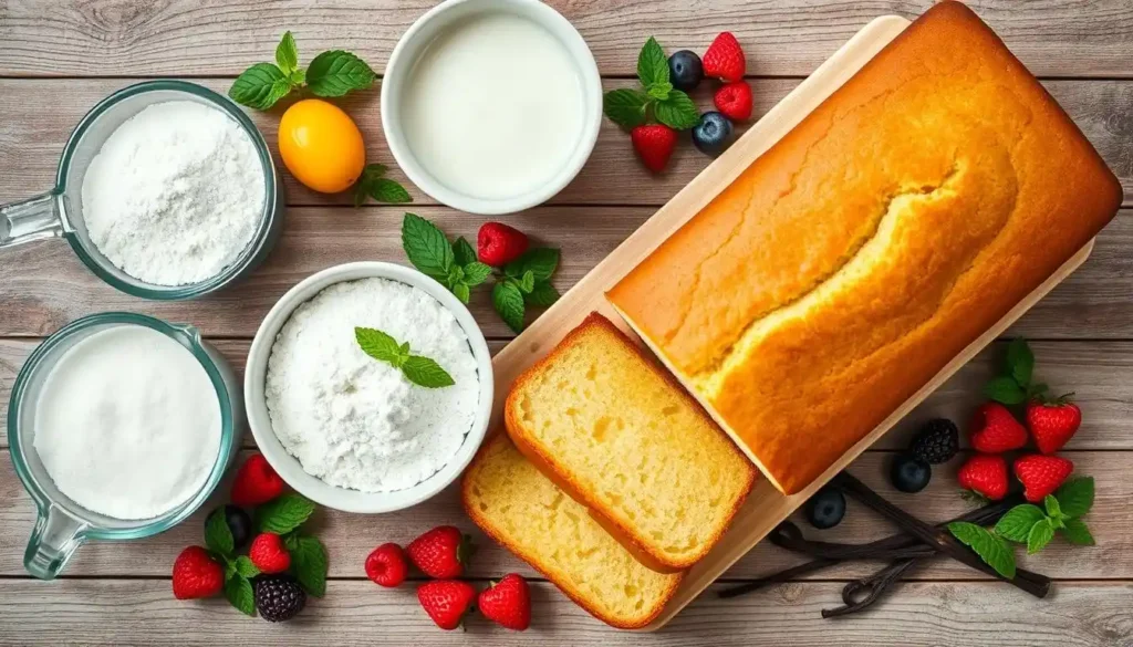 Golden old fashioned pound cake loaf on a wooden cutting board with slices, surrounded by fresh berries, flour, sugar, milk, and vanilla on a rustic wooden table.