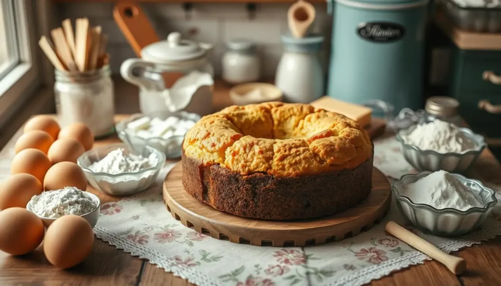 A freshly baked old fashioned pound cake on a wooden stand surrounded by baking ingredients like eggs, flour, and butter in a vintage kitchen setting.