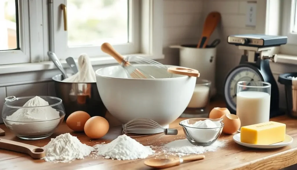 Ingredients for an old fashioned pound cake arranged on a kitchen countertop, including flour, eggs, butter, sugar, and milk, with a mixing bowl and whisk in the center