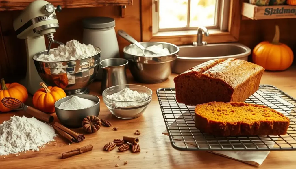 Freshly Baked Old-Fashioned Pumpkin Bread in a Rustic Kitchen