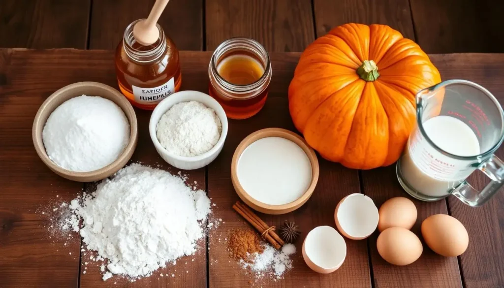 Ingredients for Old-Fashioned Pumpkin Bread on a Wooden Table