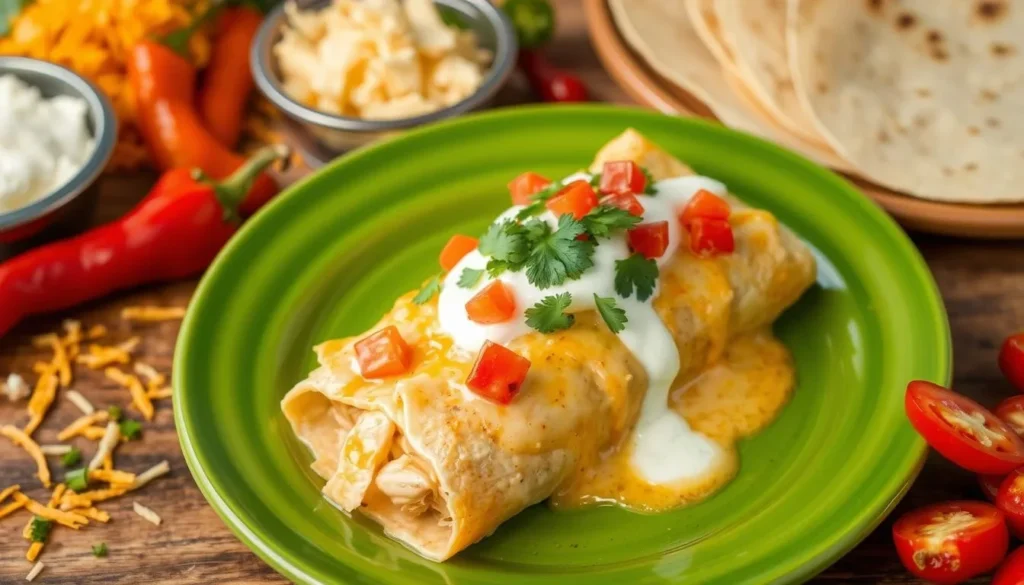 Chicken Enchiladas Topped with Sour Cream Enchilada Sauce