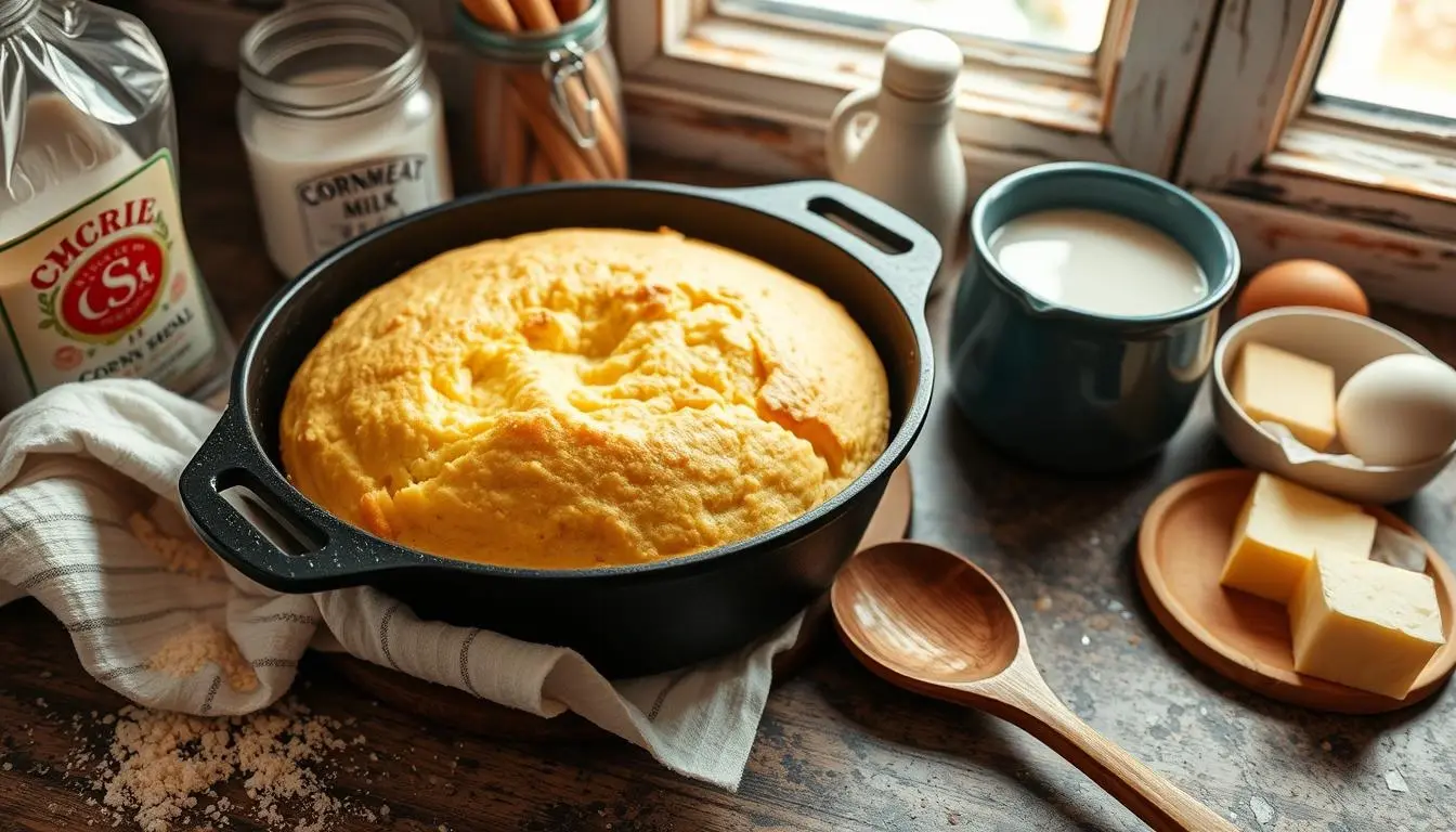 Close-up of a freshly baked spoon bread in a casserole dish, golden , served with a wooden spoon on the side.