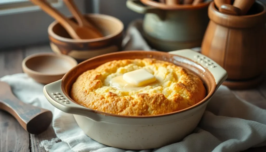 Golden, Spoon Bread Freshly Baked in a Dish1