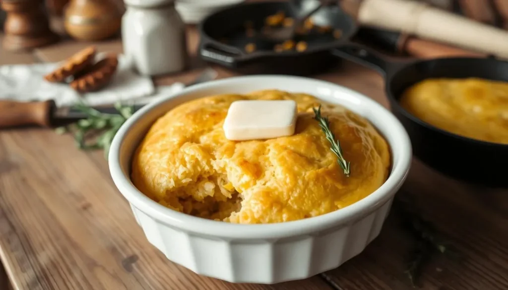 Golden, Spoon Bread Freshly Baked in a Dish