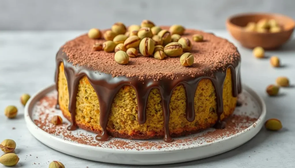 Golden Flourless Pistachio Cake with Chocolate Ganache and Cocoa Dust