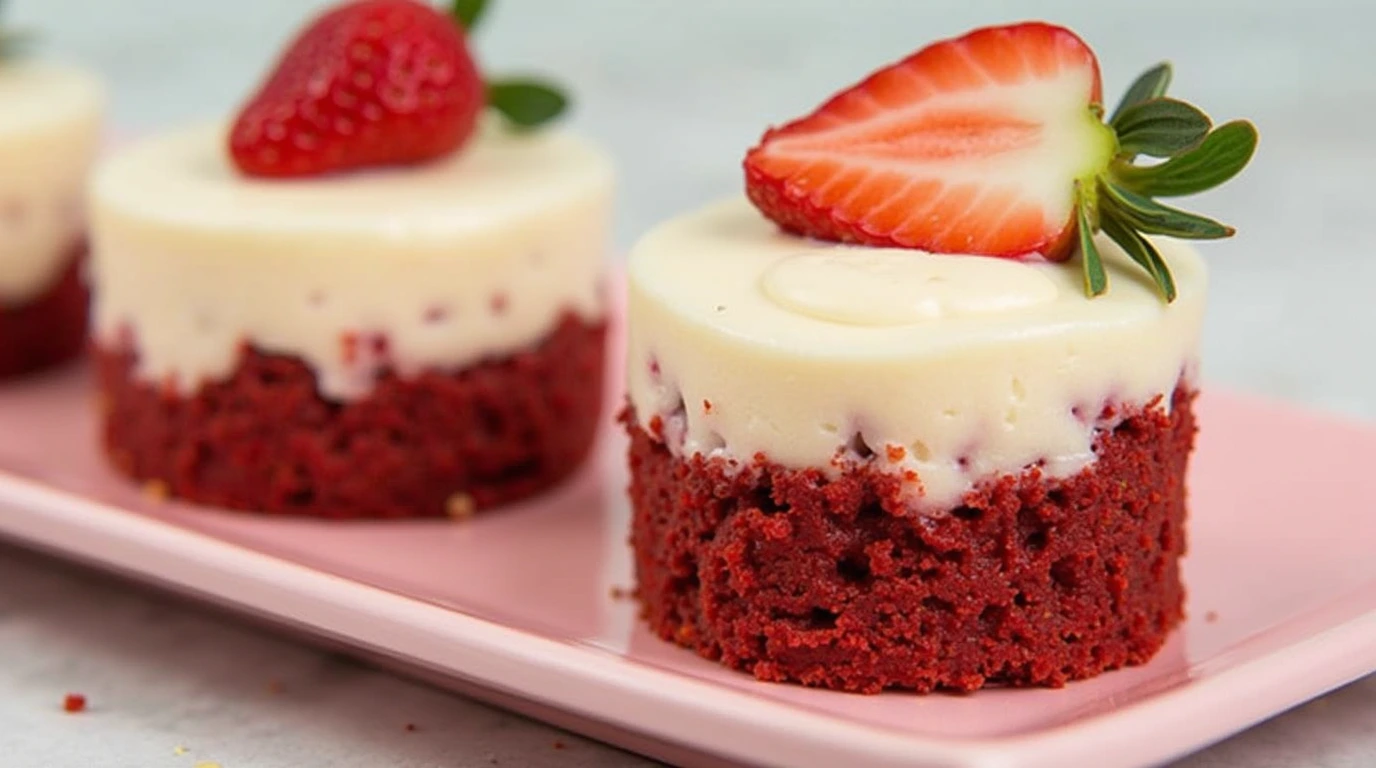 Red Velvet Brownie Bottom Mini Cheesecakes with Fresh Strawberries