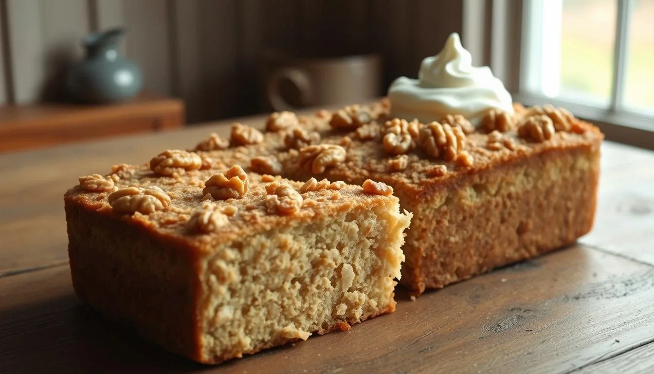 Homemade Oatmeal Walnut Cake with Whipped Cream