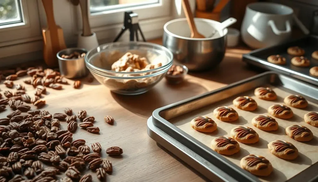 Freshly Baked Pecan Cookies on a Tray